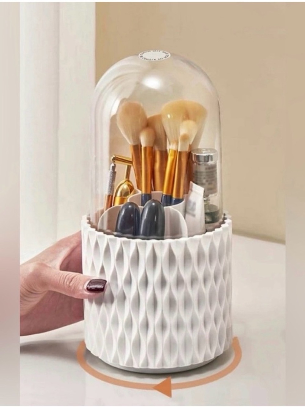 Rotating White Cosmetic Organizer with Clear Dome